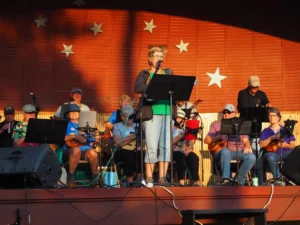 Tawni VanVleet performing in the Thursday Outdoor Concert at the bandshell in Two Harbors during the 2023 Carnival
